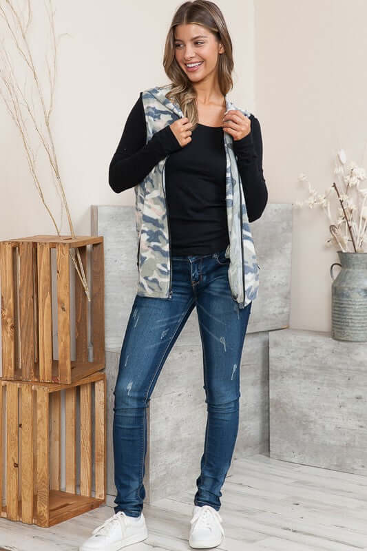 USA Made Super Soft Ladies Camo Design Lightweight Fleece Zipper Vest | Orange Farm Style# OFV1396  | Made in USA | American Made Women's Clothing