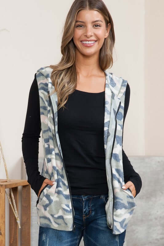 USA Made Super Soft Ladies Camo Design Lightweight Fleece Zipper Vest | Orange Farm Style# OFV1396  | Made in USA | American Made Women's Clothing