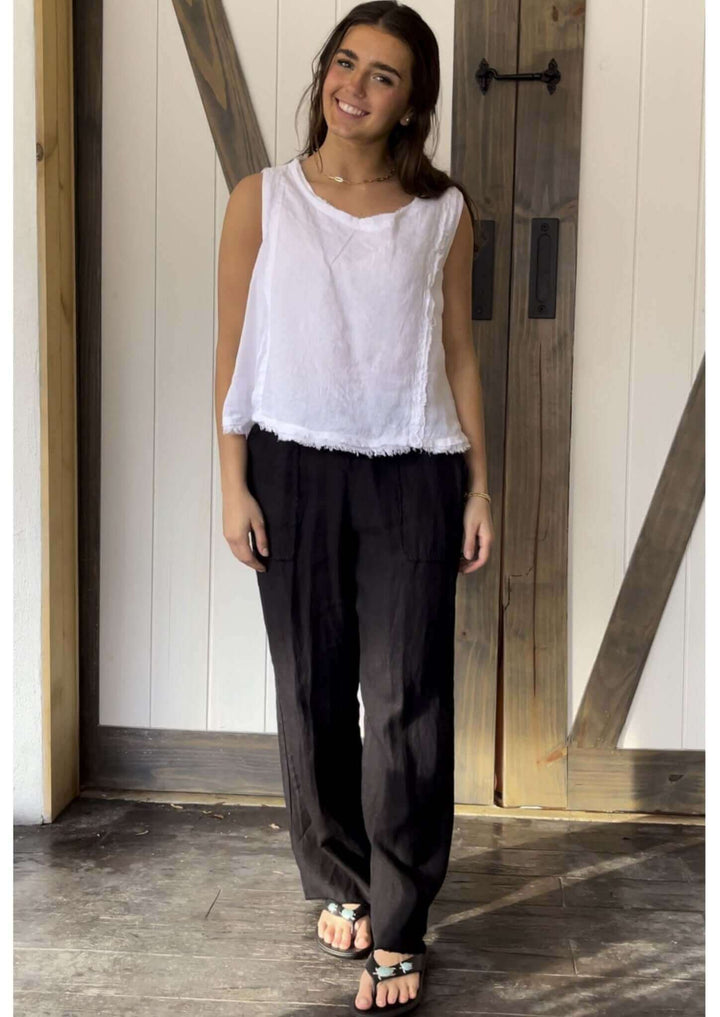 USA Made 100% Ladies White Linen Sleeveless Cropped Top with Raw Edge Frayed Detail | Match Point Style HLT738 | Classy Cozy Cool Women's Made in America Boutique