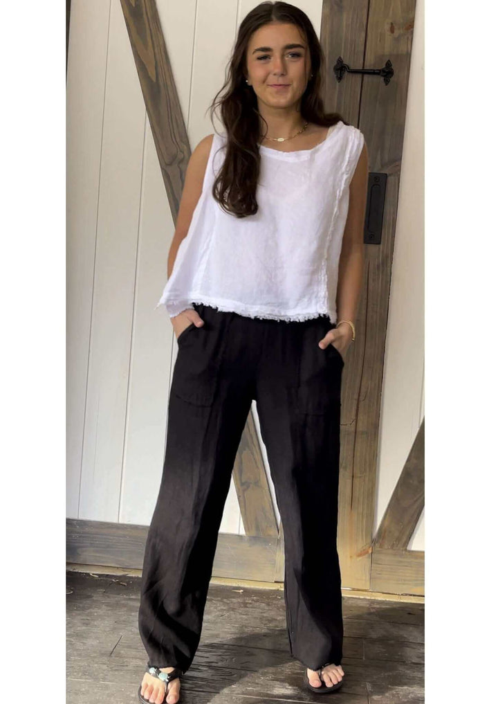 USA Made 100% Ladies White Linen Sleeveless Cropped Top with Raw Edge Frayed Detail | Match Point Style HLT738 | Classy Cozy Cool Women's Made in America Boutique