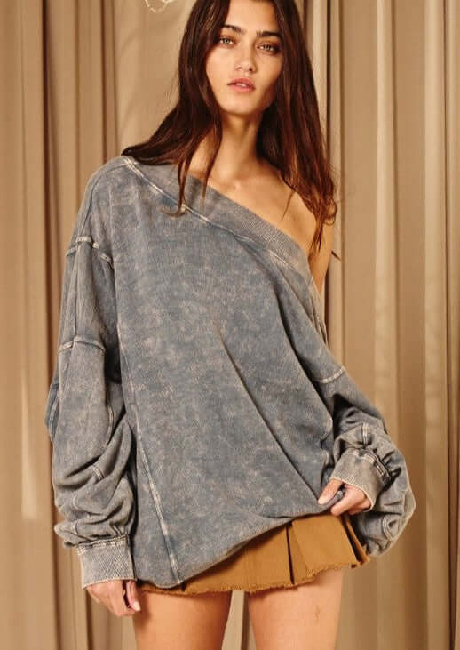 Brand: Bucket List Style# IT1365 | Oversized Ladies Charcoal Grey Reversible Twist Sweatshirt with Pockets | Made in USA | Classy Cozy Cool Women's American Boutique