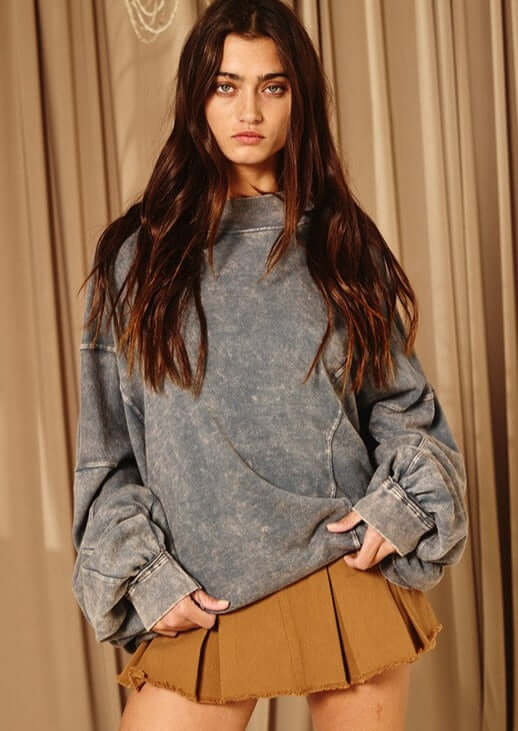 Brand: Bucket List Style# IT1365 | Oversized Ladies Charcoal Grey Reversible Twist Sweatshirt with Pockets | Made in USA | Classy Cozy Cool Women's American Boutique