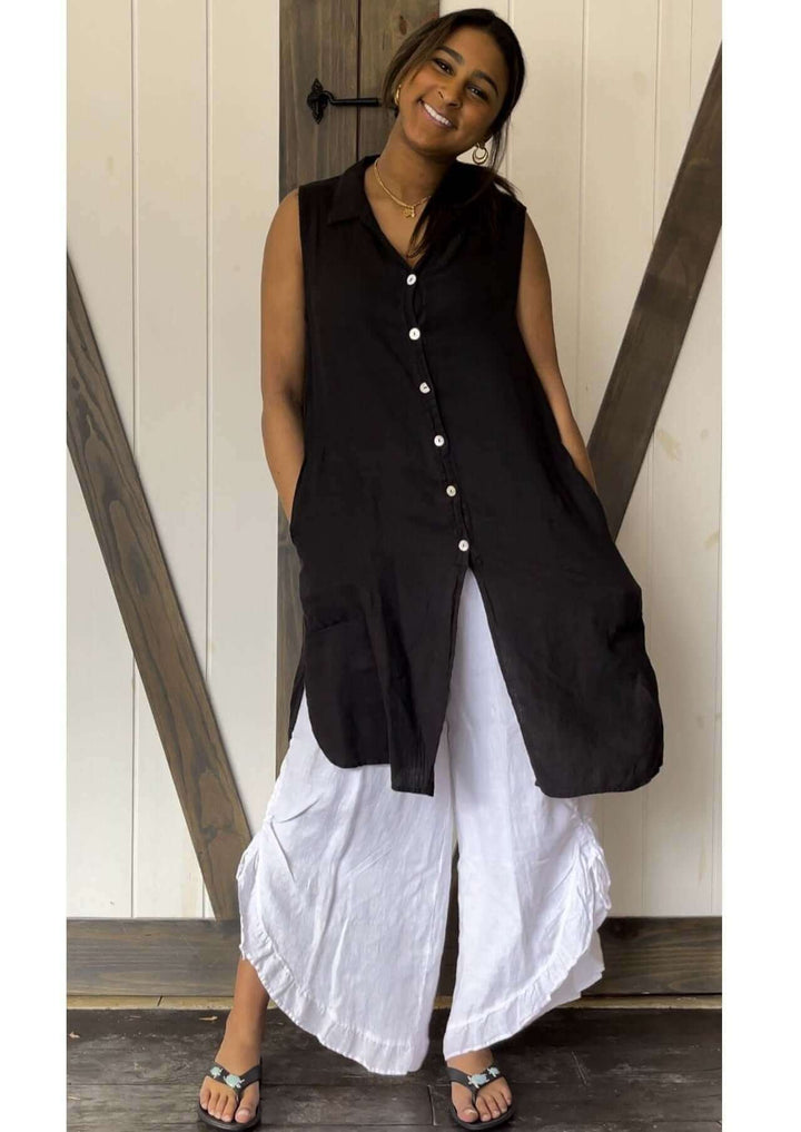 USA Made 100% Linen Ladies Sleeveless Black Button Down Collared Tunic with Pockets  | Match Point Style HLT680 | Classy Cozy Cool Women's Made in America Boutique