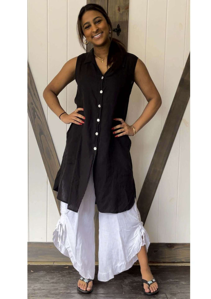 USA Made 100% Linen Ladies Sleeveless Black Button Down Collared Tunic with Pockets  | Match Point Style HLT680 | Classy Cozy Cool Women's Made in America Boutique