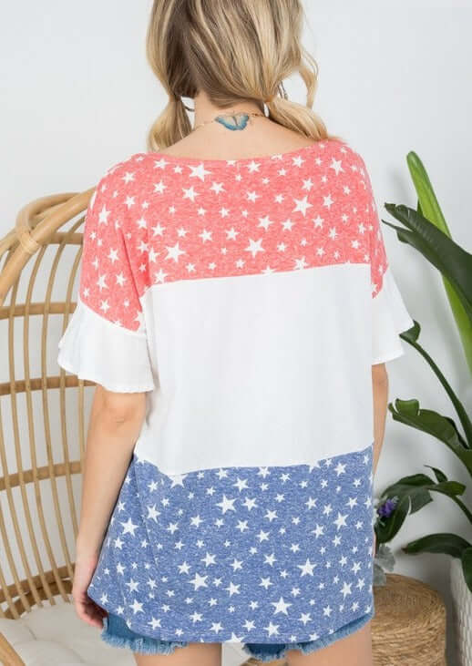 Patriotic Ladies Color Block Red White & Blue Stars Top with Ruffled Short Sleeves | Made in the USA | Classy Cozy Cool Women's Made in America Clothing Boutique