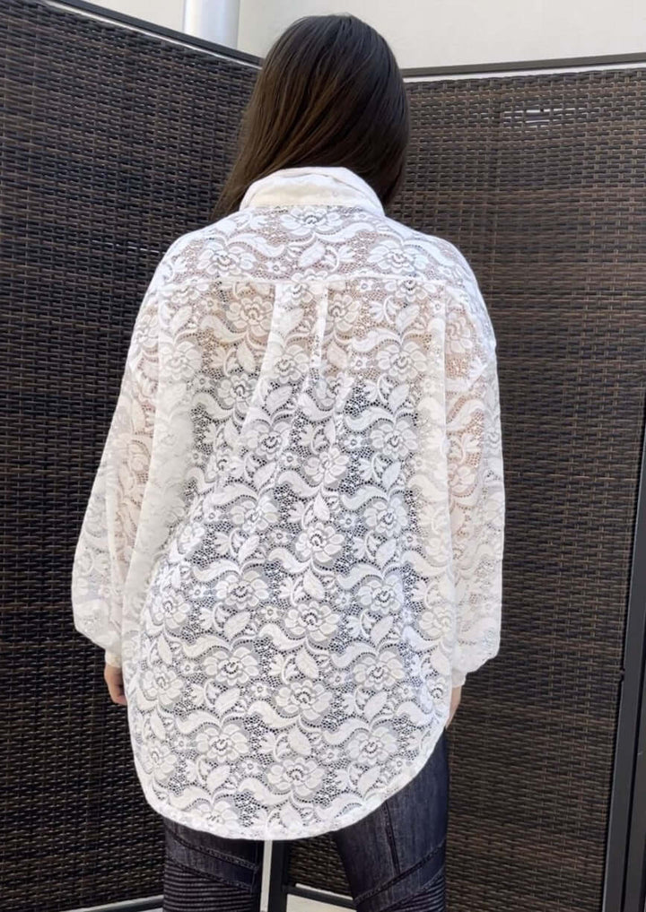 Ladies Oversized Off White Button Down Long Length Floral Lace Tunic Shirt | Made in USA | Classy Cozy Cool Women's Made in America Boutique