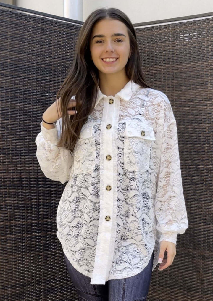 Ladies Oversized Off White Button Down Long Length Floral Lace Tunic Shirt | Made in USA | Classy Cozy Cool Women's Made in America Boutique