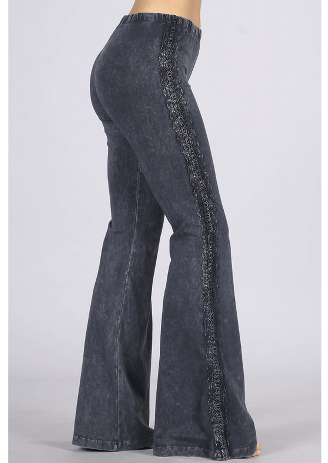 USA Made Mineral Washed Flare Bottom Jeggings with Crochet Detail by Chatoyant.  Long & Lean Figure Flattering Design | Made in America  | Classy Cozy Cool Women's Clothing Boutique