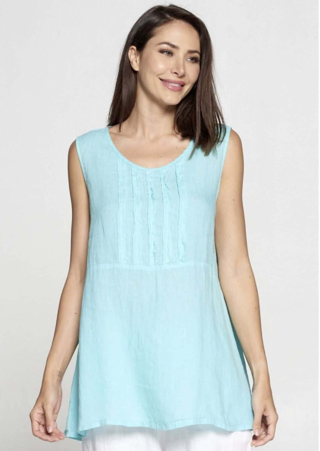 USA Made 100% Linen Ladies Sleeveless Aqua Blue Green Top with Frayed Detail & V-Neck | Match Point Style HLT704 | Classy Cozy Cool Women's Made in America Boutique