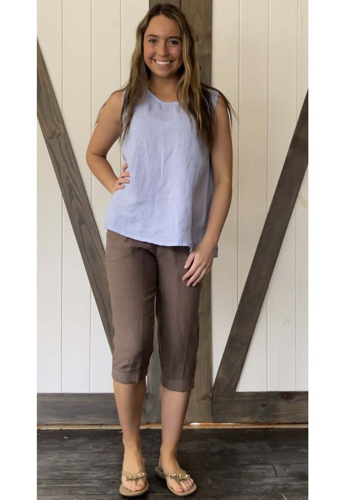 USA Made 100% Linen Ladies Mocha Capri Pants with Pockets | Match Point Style PLP2148 | Classy Cozy Cool Women's Made in America Boutique
