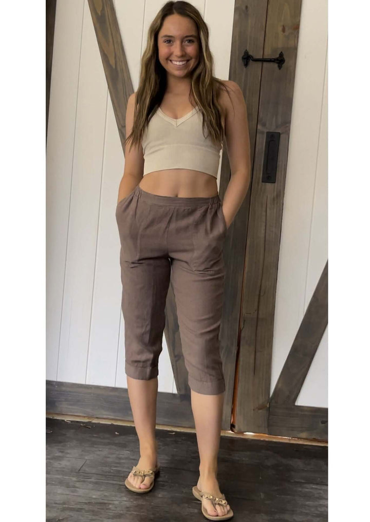 USA Made 100% Linen Ladies Mocha Capri Pants with Pockets | Match Point Style PLP2148 | Classy Cozy Cool Women's Made in America Boutique