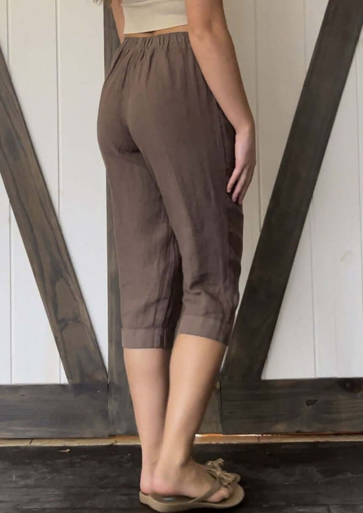 USA Made 100% Linen Ladies Mocha Capri Pants with Pockets | Match Point Style PLP2148 | Classy Cozy Cool Women's Made in America Boutique