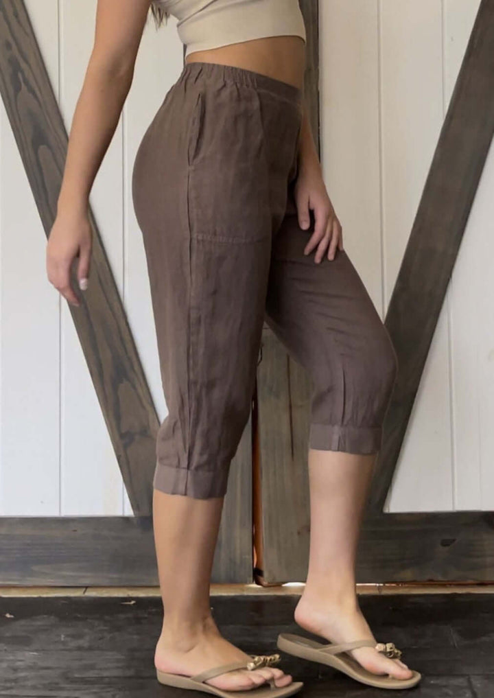 USA Made 100% Linen Ladies Mocha Capri Pants with Pockets | Match Point Style PLP2148 | Classy Cozy Cool Women's Made in America Boutique