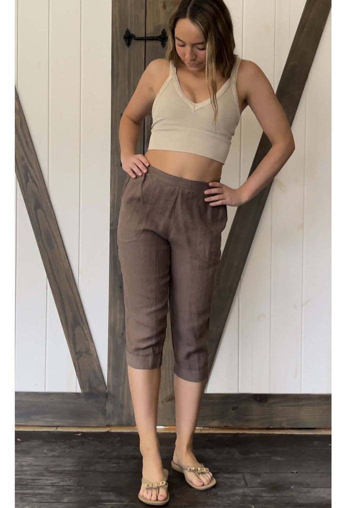 USA Made 100% Linen Ladies Mocha Capri Pants with Pockets | Match Point Style PLP2148 | Classy Cozy Cool Women's Made in America Boutique