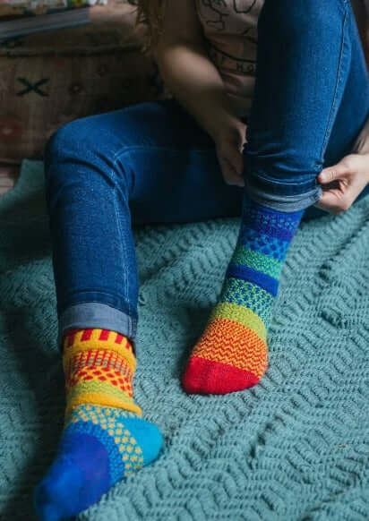 Solmate RAINBOW Knitted Crew Socks Proudly Made USA | These socks are delightfully mismatched & so very comfortable.  Classy Cozy Cool Women's Boutique.
