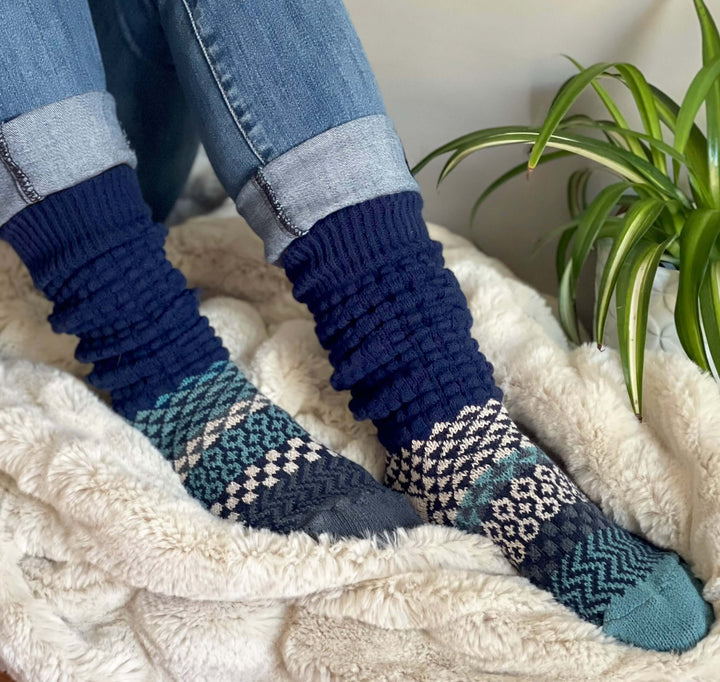Solmate CERULEAN Knitted Fusion Slouch Socks | Made in USA | These socks are delightfully mismatched & so very comfortable.  American Made Women's Boutique.