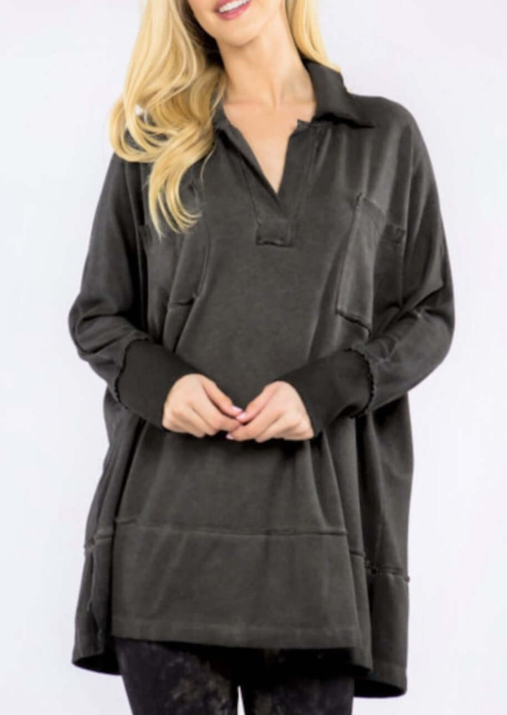 USA Made Ladies Oil Washed Premium French Terry Tunic with Front Pocket in Charcoal Gray Color |  M. Rena Style# S5037 | Women's Made in America Clothing