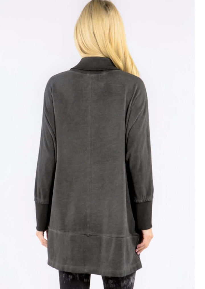 USA Made Ladies Oil Washed Premium French Terry Tunic with Front Pocket in Charcoal Gray Color |  M. Rena Style# S5037 | Women's Made in America Clothing