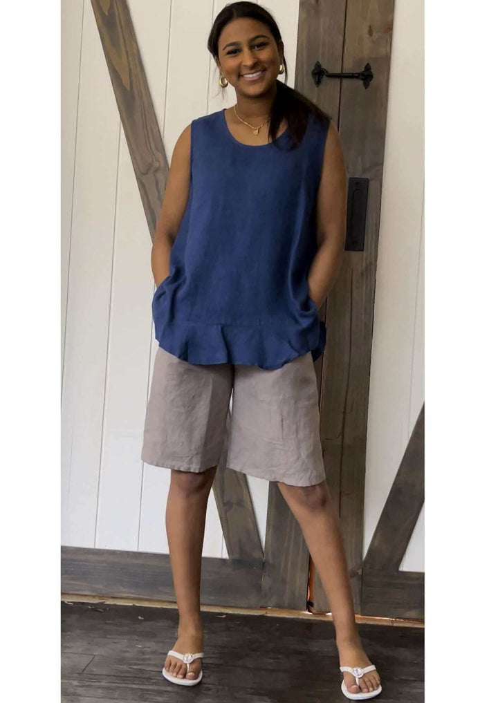 USA Made 100% Linen Ladies Khaki Grey Walking Shorts with Pockets | Match Point Style PLP2089 | Classy Cozy Cool Women's Made in America Boutique