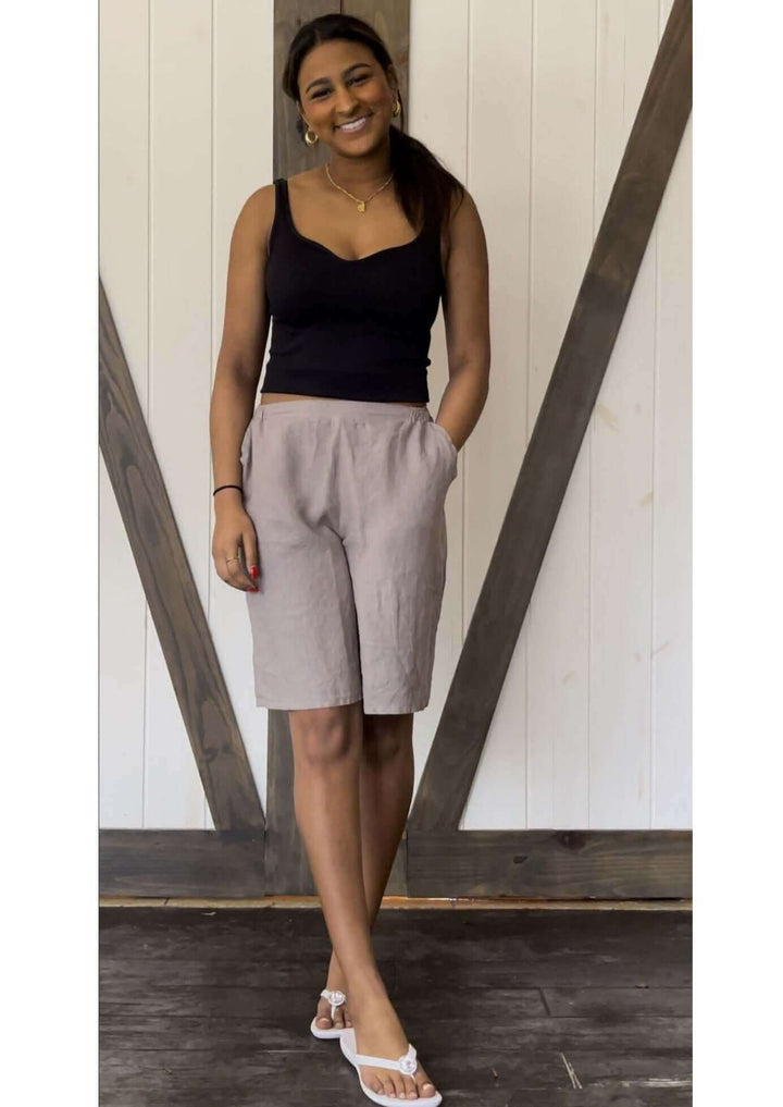 USA Made 100% Linen Ladies Khaki Grey Walking Shorts with Pockets | Match Point Style PLP2089 | Classy Cozy Cool Women's Made in America Boutique