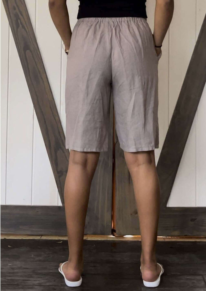 USA Made 100% Linen Ladies Khaki Grey Walking Shorts with Pockets | Match Point Style PLP2089 | Classy Cozy Cool Women's Made in America Boutique