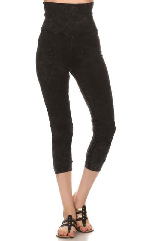 Chatoyant Mineral Washed Pull On Capri Leggings | Made in USA | Tummy control wide fold-over waistband | Classy Cozy Cool Women's American Boutique