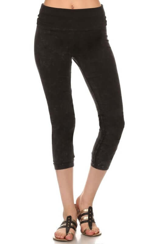 Chatoyant Mineral Washed Pull On Capri Leggings | Made in USA | Tummy control wide fold-over waistband | Classy Cozy Cool Women's American Boutique