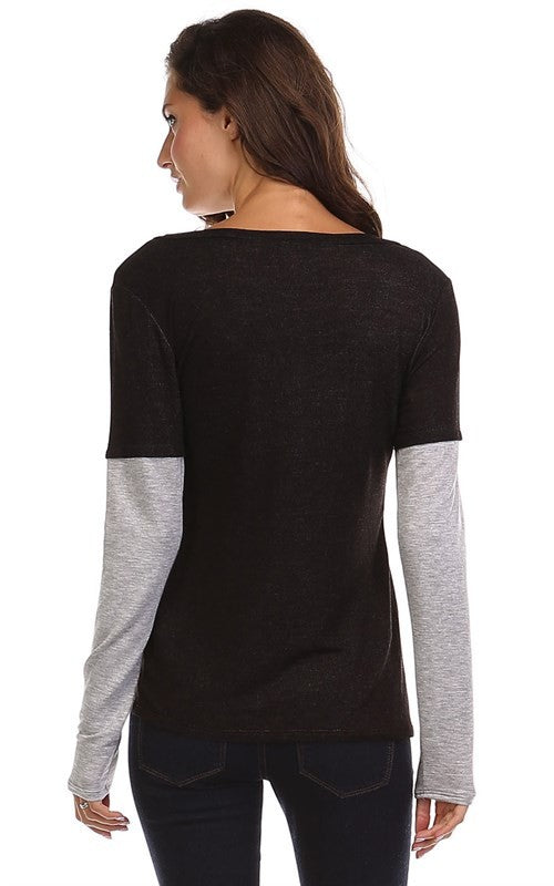 Ladies True American V-Neck 2 Tone Long Sleeve Raglan Top with "True American" Eagle Graphic design | Made in USA | Classy Cozy Cool Boutique