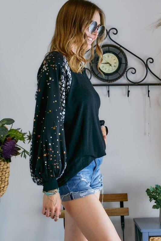 Ladies V-Neck Puff Sleeve Embellished Long Sleeve Black Relaxed Fit Top with Black & White Houndstooth and Metallic Star Detail on Sleeves | Made in USA