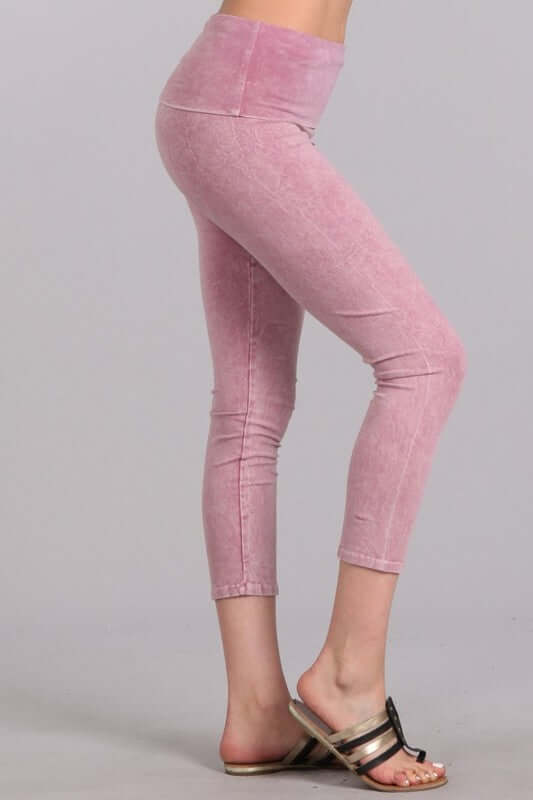 Chatoyant Mineral Washed Pull On Capri Leggings | Made in USA | Tummy control wide fold-over waistband | Classy Cozy Cool Women's American Boutique