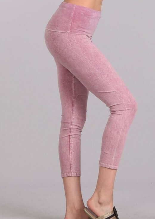 Chatoyant Mineral Washed Pull On Capri Leggings | Made in USA | Tummy control wide fold-over waistband | Classy Cozy Cool Women's American Boutique