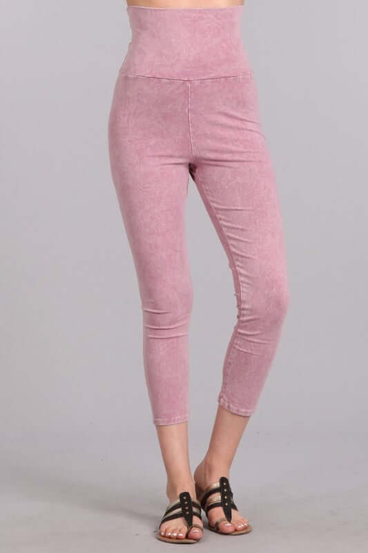Rose Pink Chatoyant Mineral Washed Pull On Capri Leggings | Made in USA | Tummy control wide fold-over waistband | Classy Cozy Cool Women's American Boutique