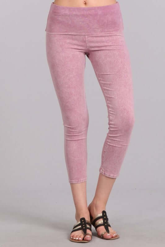 Rose Pink Chatoyant Mineral Washed Pull On Capri Leggings | Made in USA | Tummy control wide fold-over waistband | Classy Cozy Cool Women's American Boutique