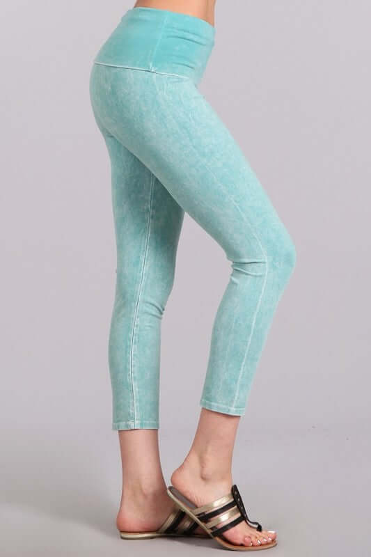 Chatoyant Mineral Washed Pull On Capri Leggings | Made in USA | Tummy control wide fold-over waistband | Classy Cozy Cool Women's American Boutique