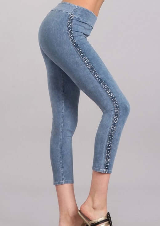 Chatoyant Mineral Washed Capri Leggings with Crochet Lace Side Stripe | Style# P30342 | Made in USA with USA Made Fabric | Classy Cozy Cool American Boutique