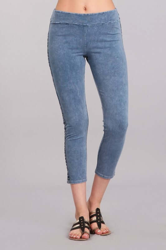 Chatoyant Mineral Washed Capri Leggings with Crochet Lace Side Stripe | Style# P30342 | Made in USA with USA Made Fabric | Classy Cozy Cool American Boutique
