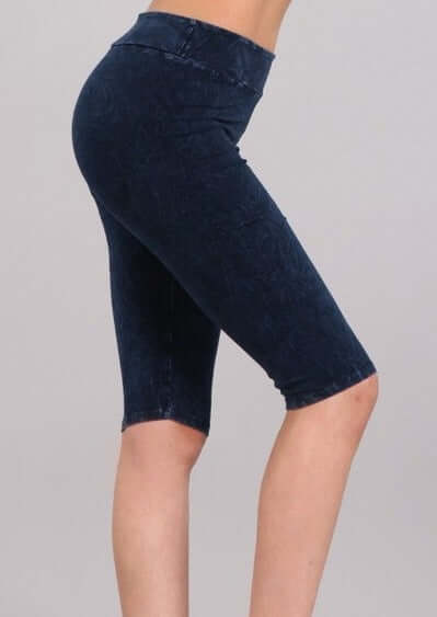 Ladies Mineral Washed Dark Denim Knee Length Biker Shorts | Chatoyant Style# C30331 | Made in USA | Classy Cozy Cool Women's Made in America Boutique