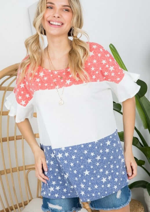 Patriotic Ladies Color Block Red White & Blue Stars Top with Ruffled Short Sleeves | Made in the USA | Classy Cozy Cool Women's Made in America Clothing Boutique