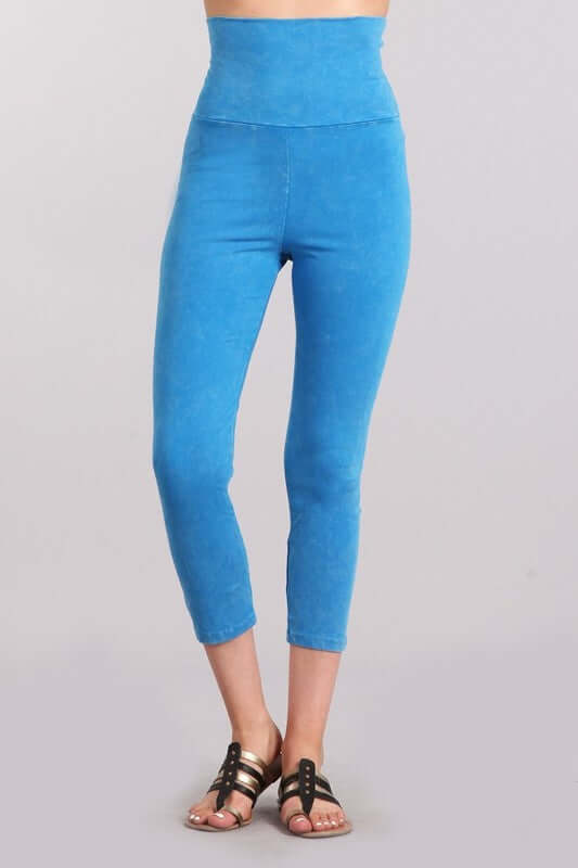Aqua Blue Chatoyant Mineral Washed Pull On Capri Leggings | Made in USA | Tummy control wide fold-over waistband | Classy Cozy Cool Women's American Boutique
