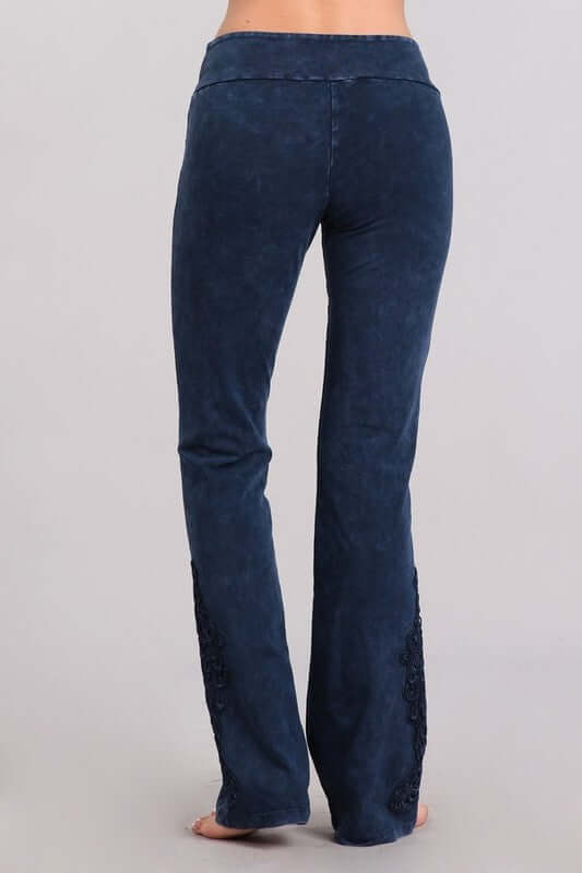 Electric Blue Chatoyant Mineral Washed Boot Cut Jeggings with Crochet Detail Hem Style# C30372 | Women's Fashion Clothing made in USA | Classy Cozy Cool Boutique