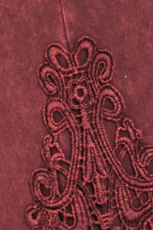 Swatch Close UP Burgundy Chatoyant Mineral Washed Boot Cut Jeggings with Crochet Detail Hem Style# C30372 | Women's Fashion Clothing made in USA | Classy Cozy Cool Boutique