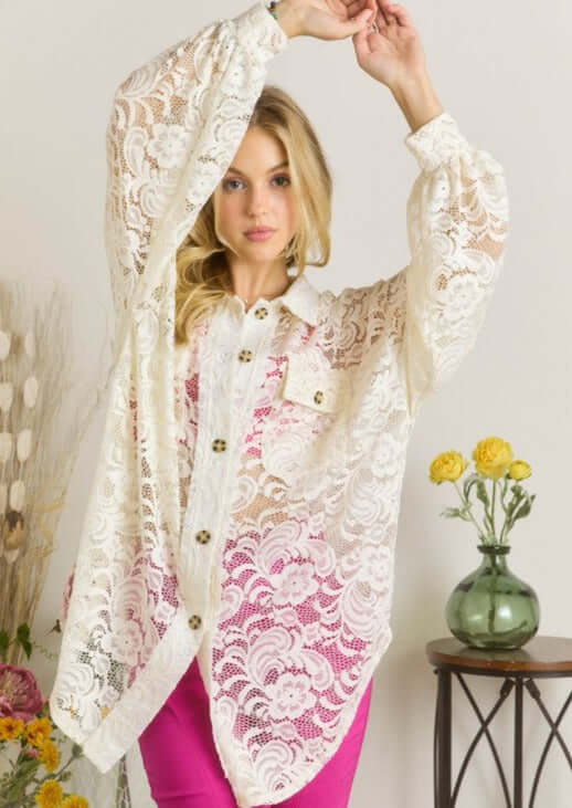 Ladies Oversized Off White Button Down Long Length Floral Lace Tunic Shirt | Made in USA | Classy Cozy Cool Women's Made in America Boutique