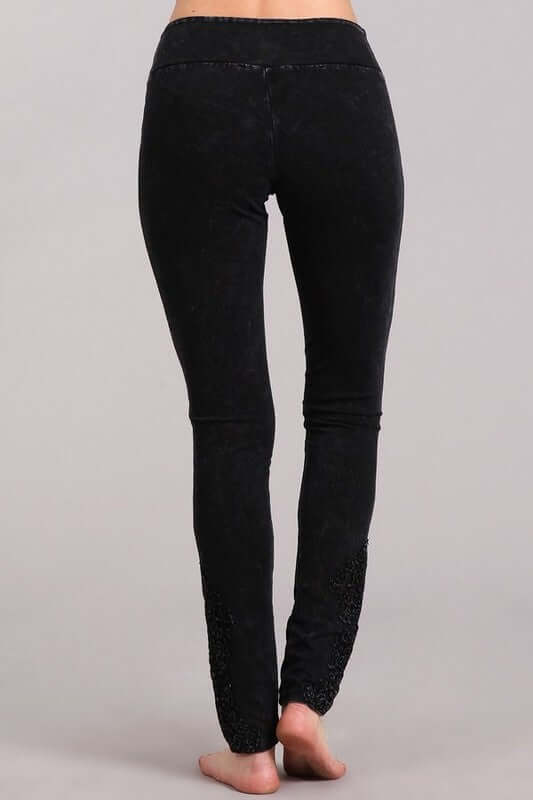 Made with USA Cotton | Chatoyant Mineral Washed Jeggings with Crochet Ankle Detail Hem in Black Mineral Washed Style# C30396 | Women's Fashion Clothing made in USA | Classy Cozy Cool
