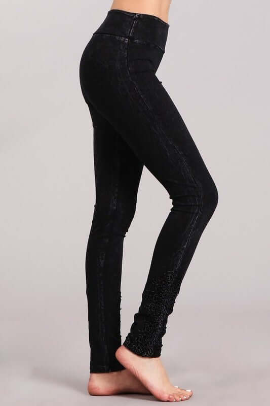 Made with USA Cotton | Chatoyant Mineral Washed Jeggings with Crochet Ankle Detail Hem in Black Mineral Washed Style# C30396 | Women's Fashion Clothing made in USA | Classy Cozy Cool