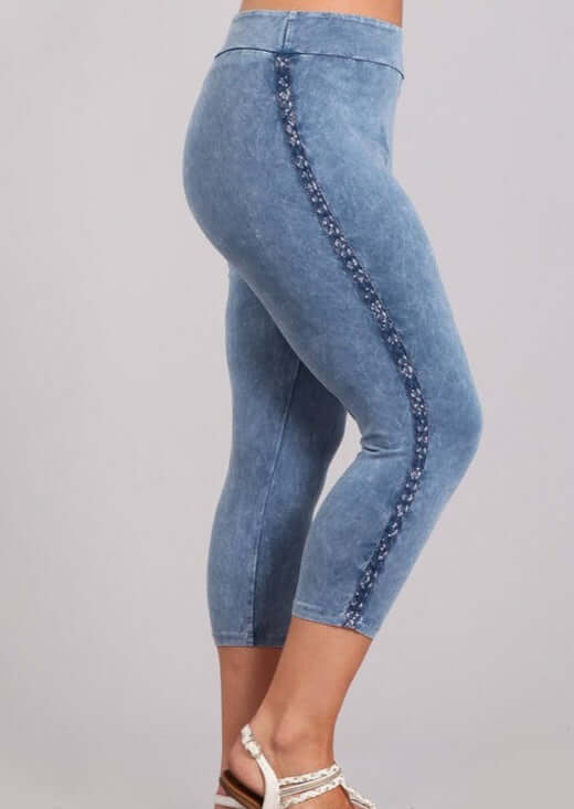 Plus Size Chatoyant Mineral Washed Capri Leggings with Crochet Lace Side Stripe | Style# P30342 | Made in USA with USA Made Fabric | Classy Cozy Cool American Boutique