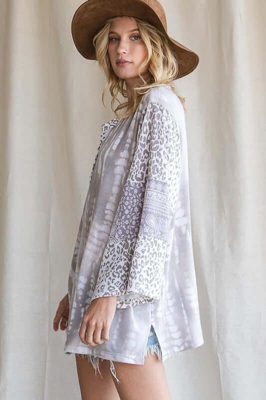 Brand: Bucket List | Mixed Media Henley Oversized Top | Style# T1400 | Proudly Made in the USA | Classy Cozy Cool Women’s Clothing Boutique