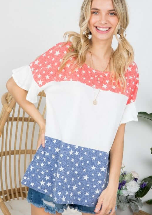 Patriotic Ladies Color Block Red White & Blue Stars Top with Ruffled Short Sleeves | Made in the USA | Classy Cozy Cool Women's Made in America Clothing Boutique