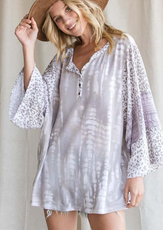 Brand: Bucket List | Mixed Media Henley Oversized Top | Style# T1400 | Proudly Made in the USA | Classy Cozy Cool Women’s Clothing Boutique