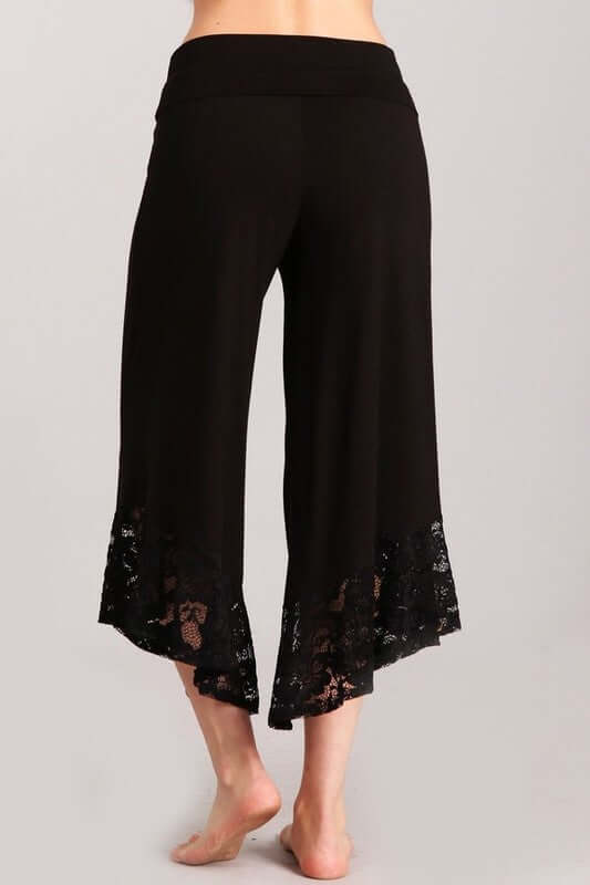 Chatoyant Black Capri Gaucho Wide Leg Pants with Lace Hem, Soft Stretchy Material | Made in USA | Classy Cozy Cool Women's American Clothing Boutique