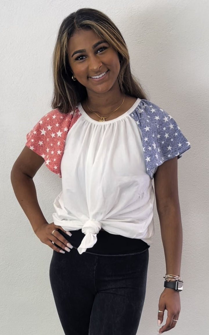 4th of July USA Made Ladies Patriotic Color Block Baby Doll 100% Cotton Top - Flare Sleeves with Stars  | Classy Cozy Cool Women's American Clothing Boutique